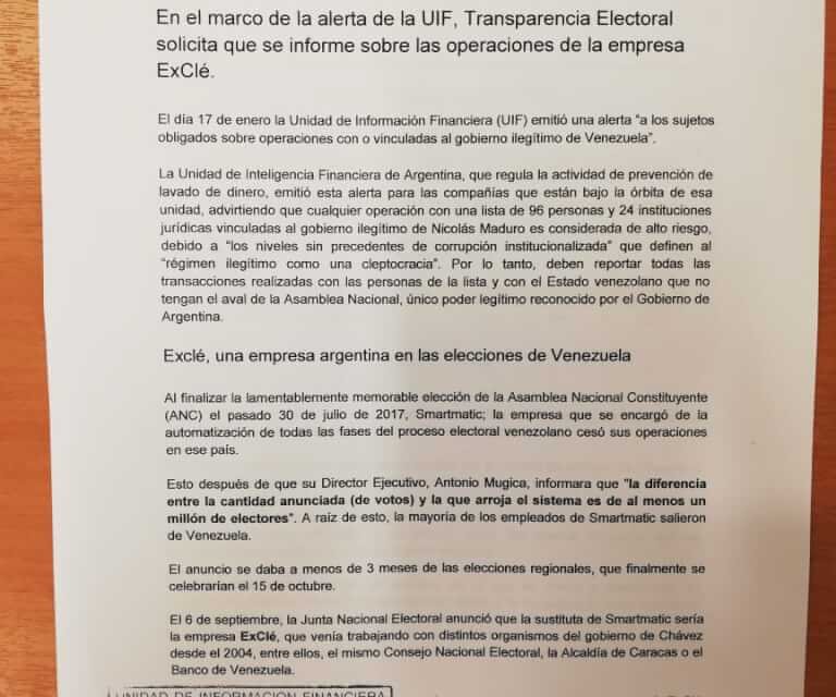 (Argentina) Transparencia Electoral solicitó a la UIF que se informe sobre las operaciones de la empresa argentina ExClé, encargada de las elecciones en Venezuela